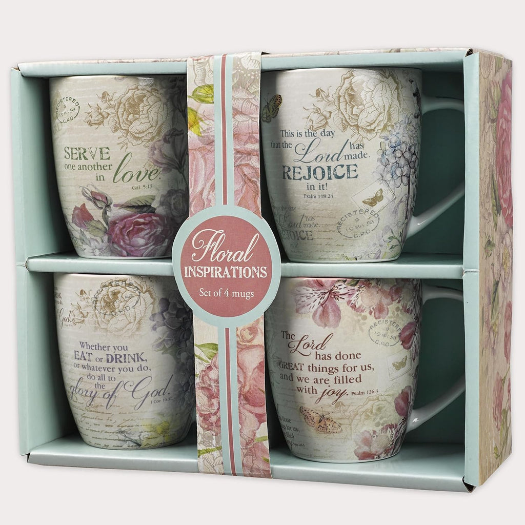 Ceramic Coffee/Tea Mug Set for Women | Vintage Botanic Floral Inspirations Design Bible Verse Mug Set | Boxed Set/4 Coffee Cups