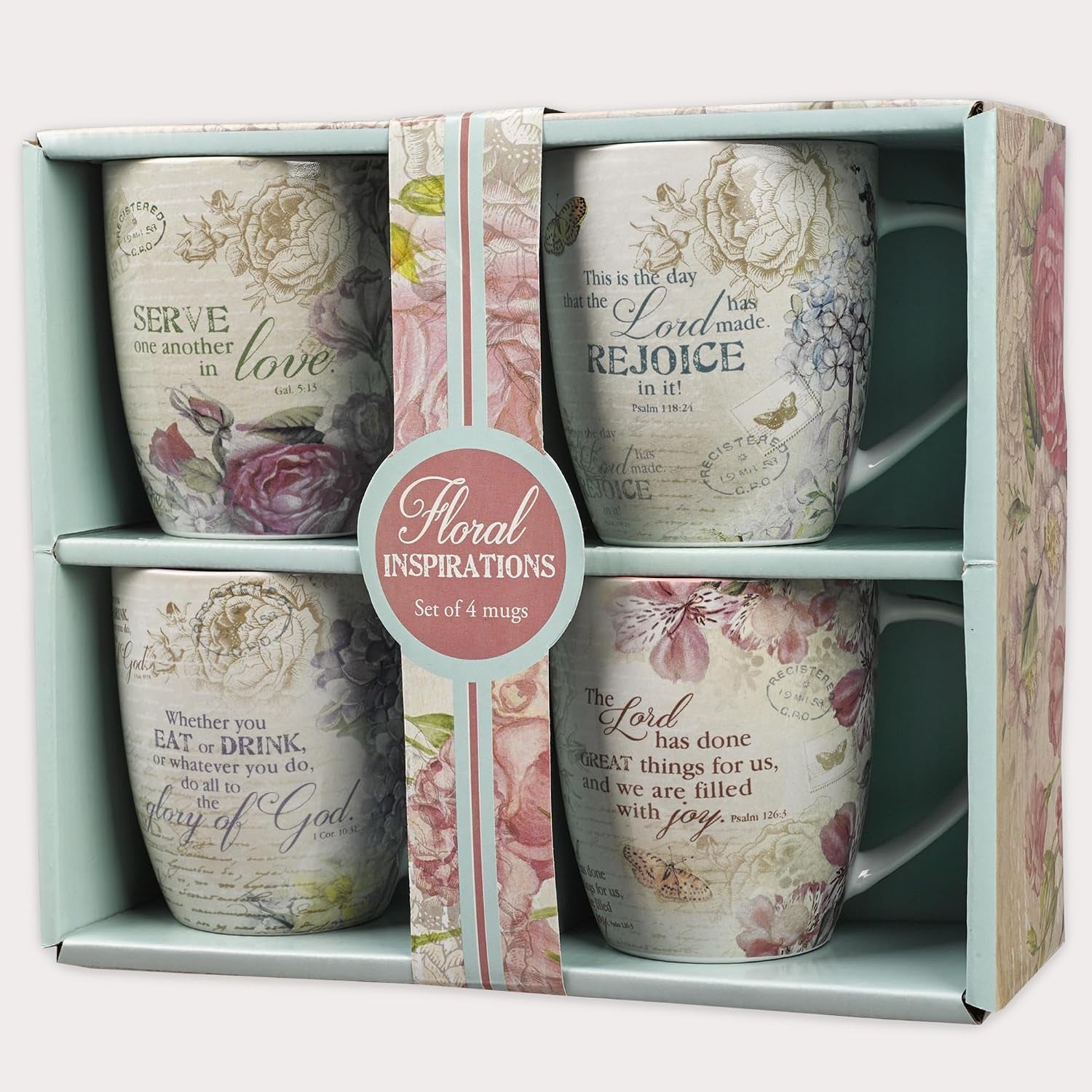 Ceramic Coffee/Tea Mug Set for Women | Vintage Botanic Floral Inspirations Design Bible Verse Mug Set | Boxed Set/4 Coffee Cups