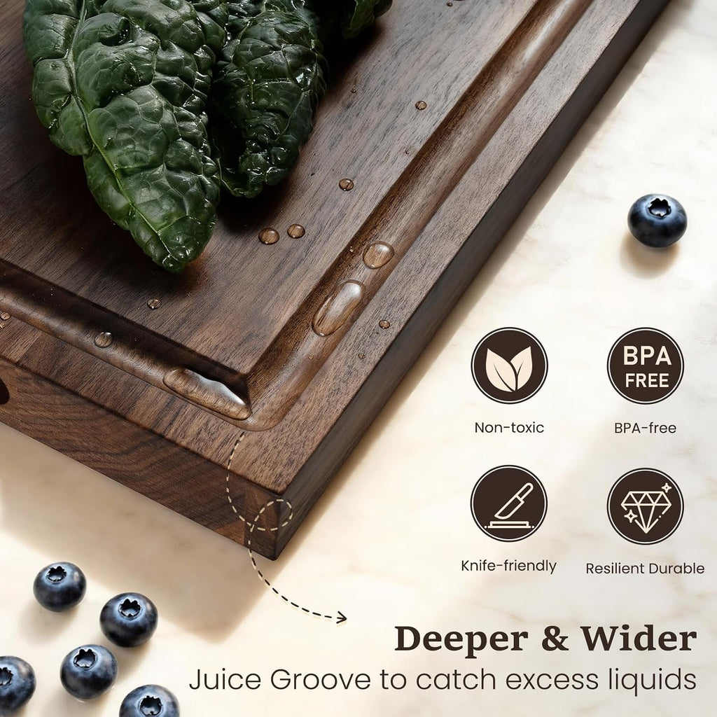 Black Walnut Wood Cutting Boards for Kitchen Wooden Cutting Board with Handle, Chopping Board with Built-In Juice Groove & Well, Heavy-Duty Charcuterie Board Butcher Block, 16.5X11.8X1.4 Inches