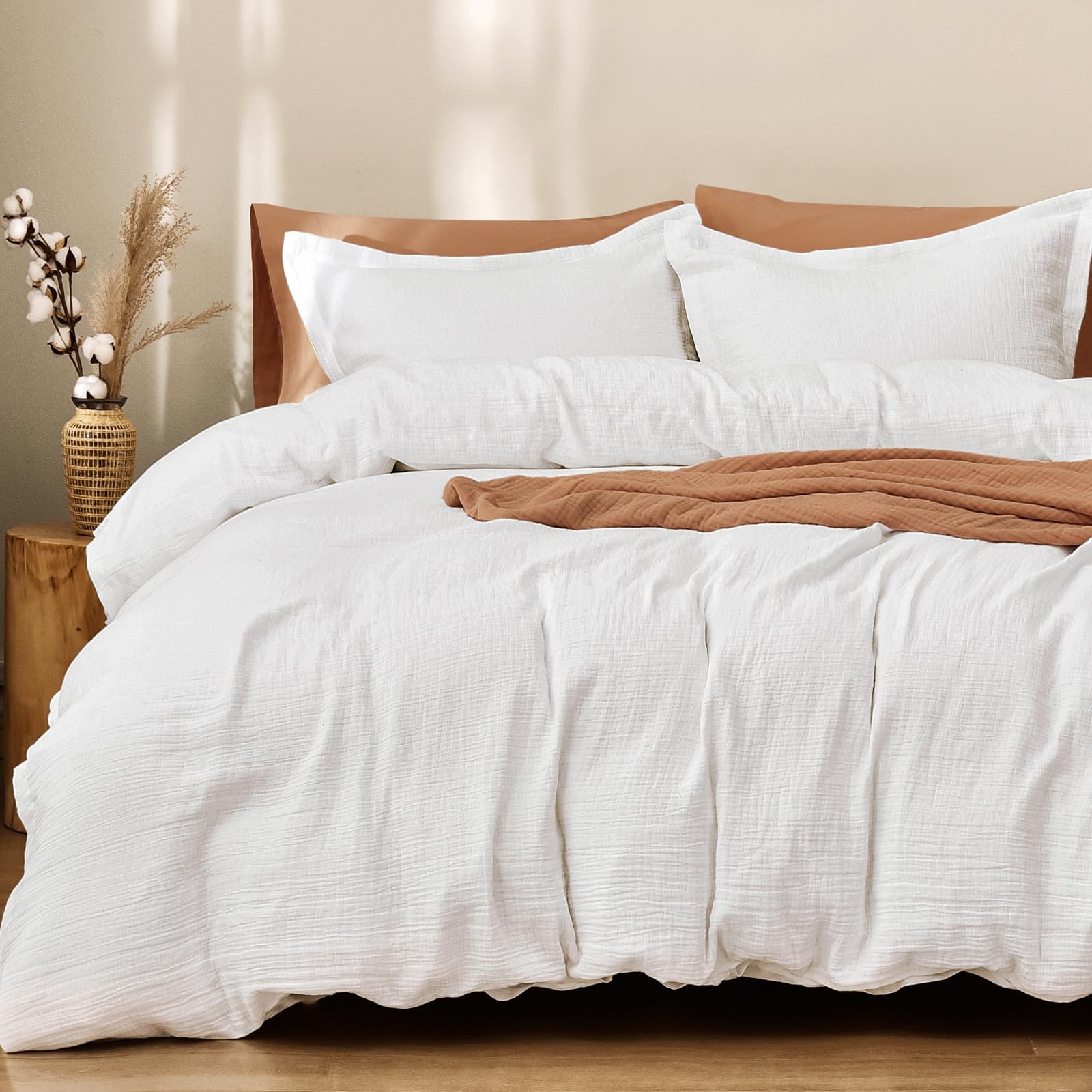 PHF 100% Cotton Muslin Duvet Cover Set King Size Breathable Linen Like Guaze Textured Bedding Comforter Cover Set 3 Pieces for All Season Soft Duvet Cover with 2 Pillow Shams 104"x90" White