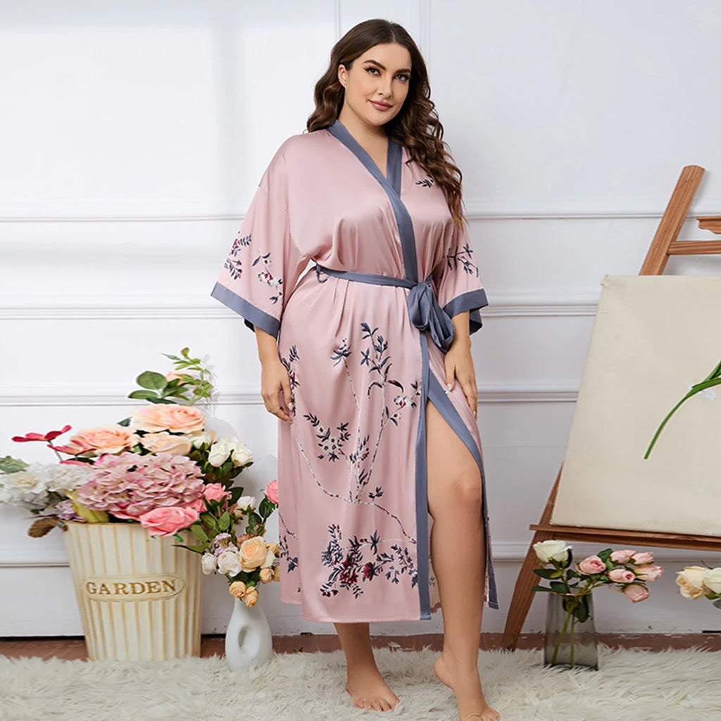 Long Silky Kimono Robes for Women Lightweight Silky Satin Floral Bathrobe Soft Cozy Ladies Housecoat Loungewear