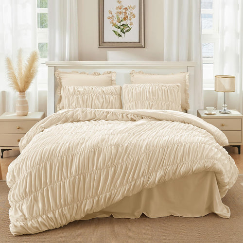 Beige Ruched Comforter Set, Full