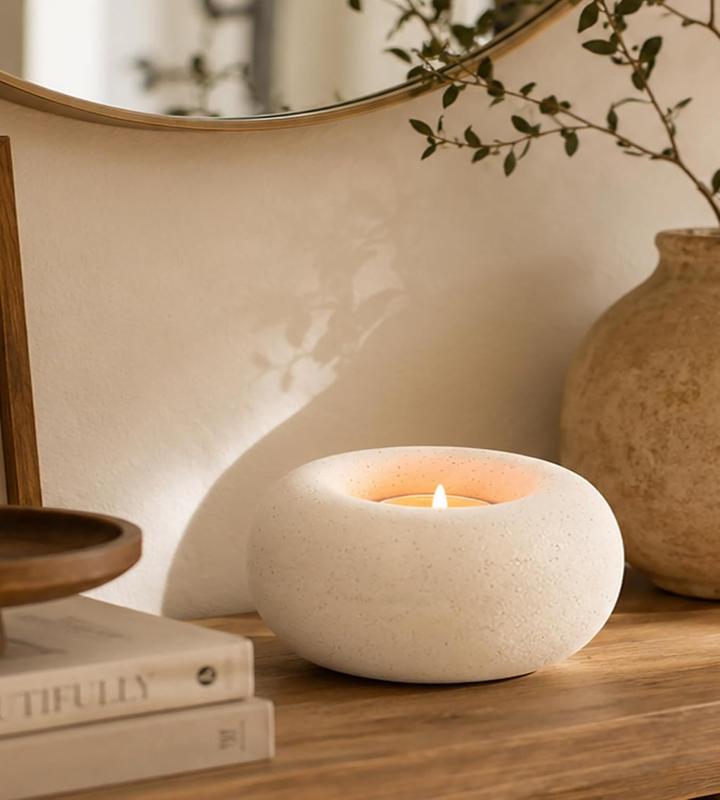 White Ceramic Candle Holder Home Table Decor - Farmhouse Tea Light Holders | Boho Heart Shaped Minimalist Decorative Candle Holder for Coffee Table Centerpiece Wedding Dining Living Roomhouse Decoration