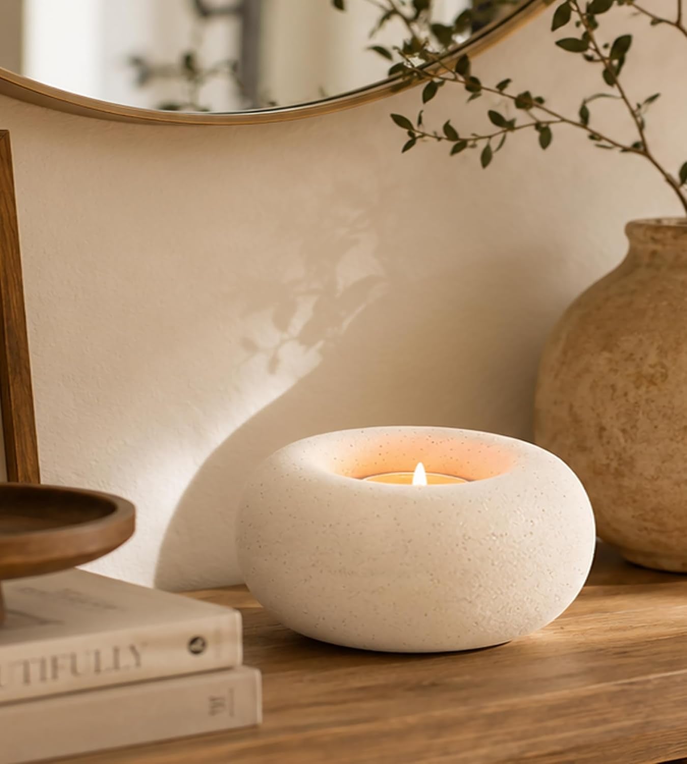 White Ceramic Candle Holder Home Table Decor - Farmhouse Tea Light Holders | Boho Heart Shaped Minimalist Decorative Candle Holder for Coffee Table Centerpiece Wedding Dining Living Roomhouse Decoration