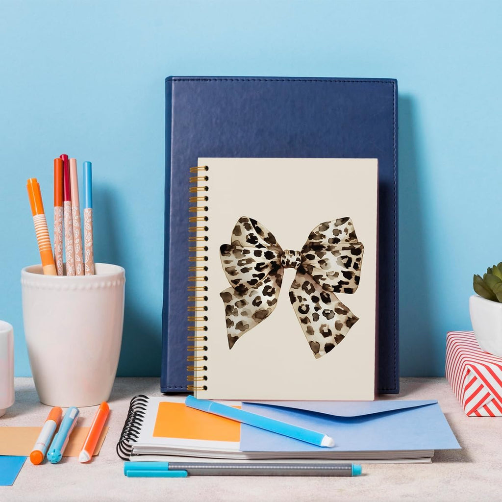 Preppy Cheetah Leopard Bow Notebook Journal Gifts for Women Girls, Trendy Journaling Notebook for Work Office School Supplies Note Taking, 5.5X8.3