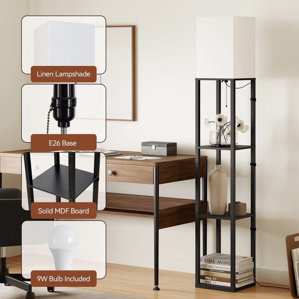 63'' Floor Lamps with Shelves, Home Standing Lamp, Include 1000 Lumens Lighting Bulbs, Shelf Floor Lamp, Black Floor Lamps for Living Room, Bedroom, Lamp with Storage Dustproof, UL Certified