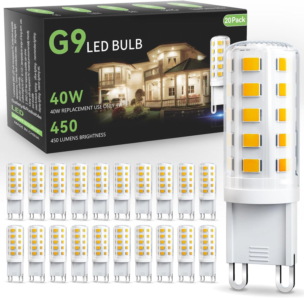 20 Pack G9 LED Bulb 4W, 40 Watt Equivalent Halogen, 3000K Warm White Chandelier Light Bulbs, T4 G9 Bi-Pin Base for Crystal Chandelier Home Lighting, 360 Degree Angle, 120V,Non-Dimmable