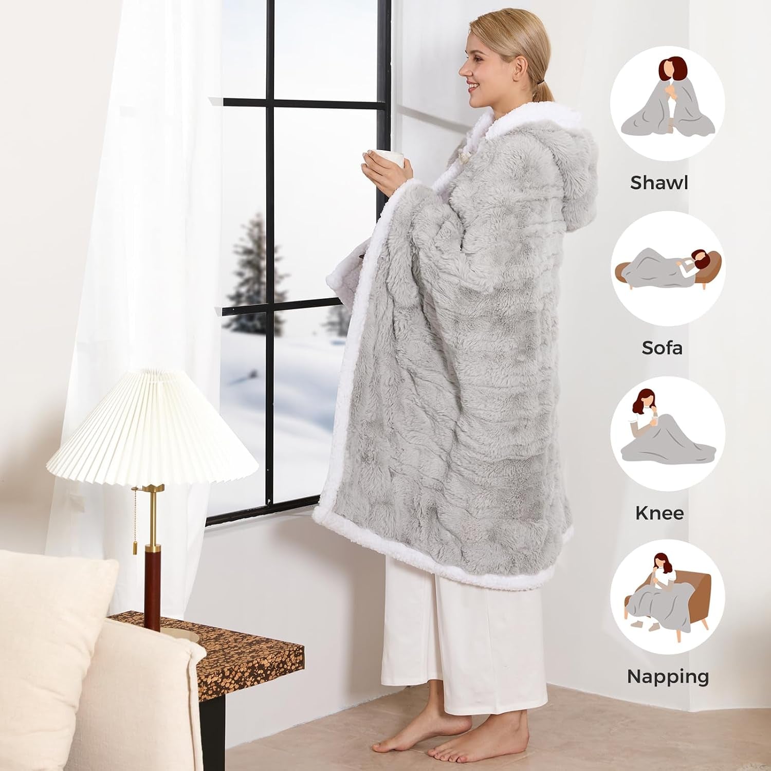 Wearable Heated Blanket Hoodie, Luxury Faux Fur & Sherpa Electric Throw Blanket, Heated Shawl Wraps Poncho with Pockets for Women Men, 3 Heat Levels & 12H Timer, ETL & FCC Certified 40"X70" Light Grey