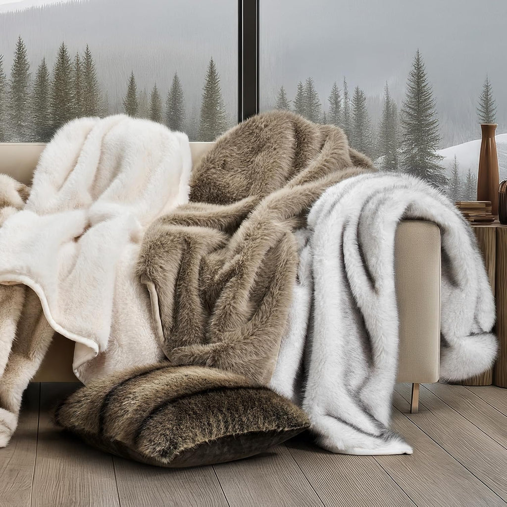HOME Luxury Faux Fur Throw Blanket, 50"X60", Natural Mink | Fluffy Faux Mink Blanket, Soft Cozy Plush, Thick Warm Winter Throw, Velvety Reverse, 870GSM, for Couch, Bed, Sofa, Chair