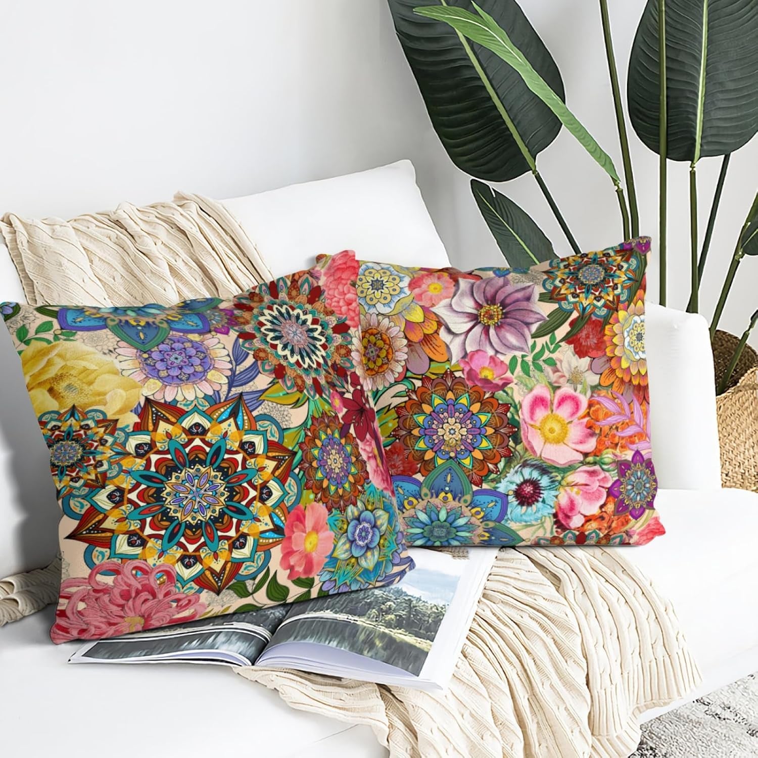 Boho Floral Throw Pillow Covers for Couch 18X18, Colorful Decorative Pillow Cases Aesthetic Set of 2,Outdoor Cushion Covers for Sofa Bed Chair Home Decor