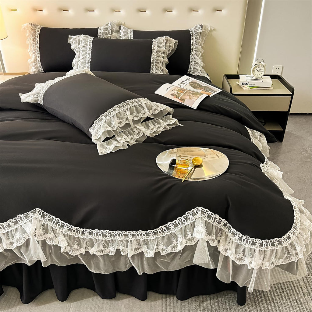 MOOWOO Chic Ruffle Lace Polyester Duvet Cover Set -Girl Black Bedding-2 Piece Twin Duvet Cover with Zipper Closure -Ultra Soft and Light Weight (BlackTwin)