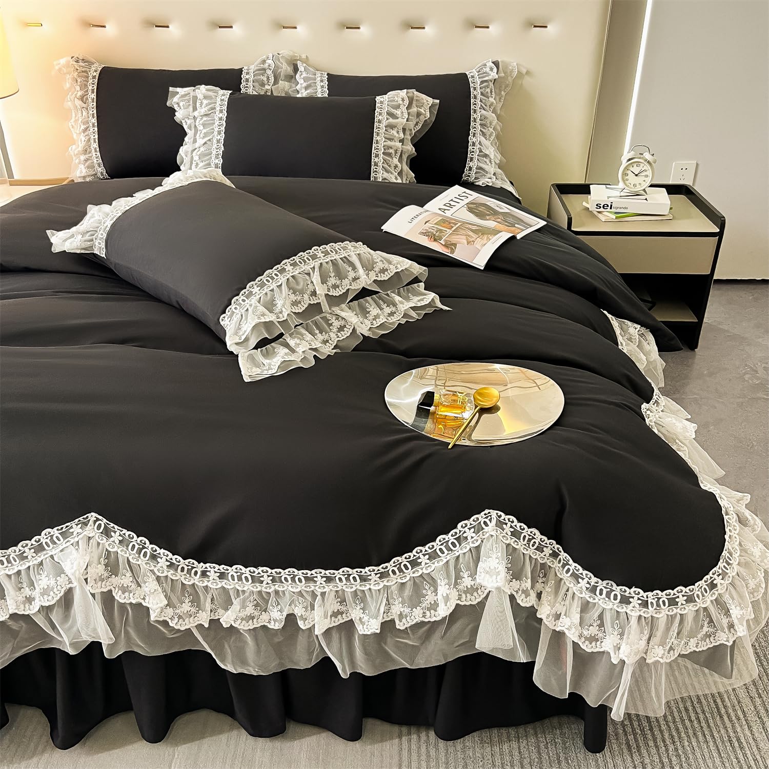 MOOWOO Chic Ruffle Lace Polyester Duvet Cover Set -Girl Black Bedding-2 Piece Twin Duvet Cover with Zipper Closure -Ultra Soft and Light Weight (BlackTwin)