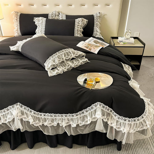 Black Ruffle Lace Duvet Cover, Twin