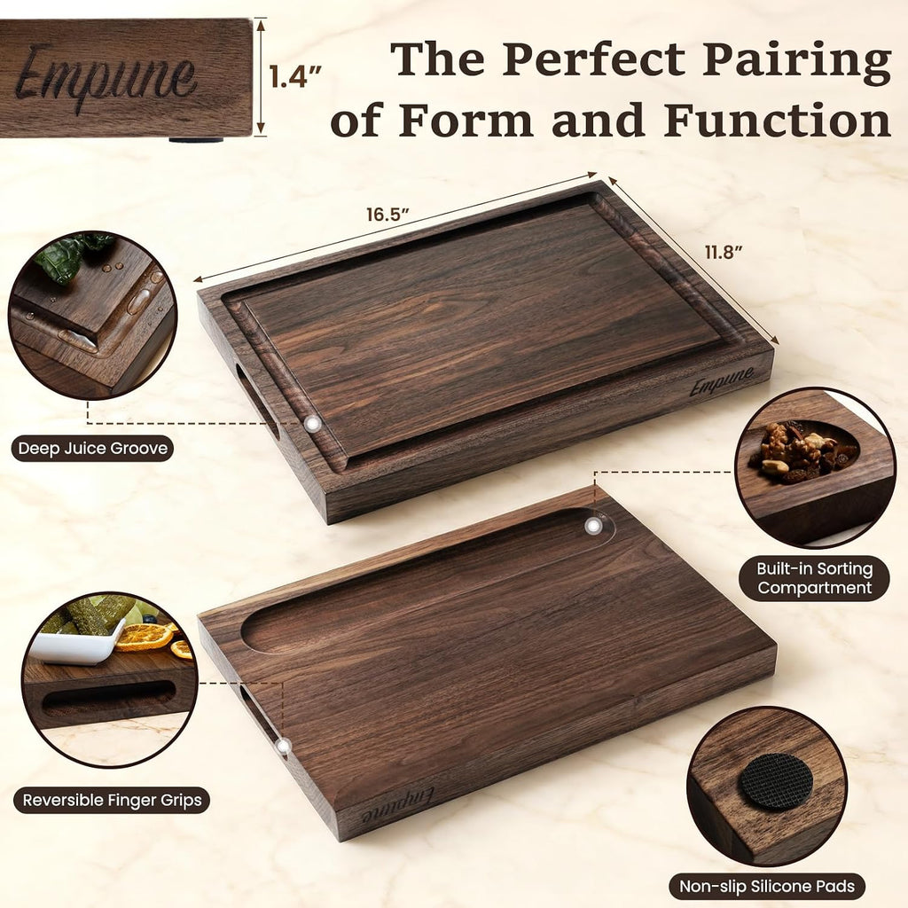 Black Walnut Wood Cutting Boards for Kitchen Wooden Cutting Board with Handle, Chopping Board with Built-In Juice Groove & Well, Heavy-Duty Charcuterie Board Butcher Block, 16.5X11.8X1.4 Inches