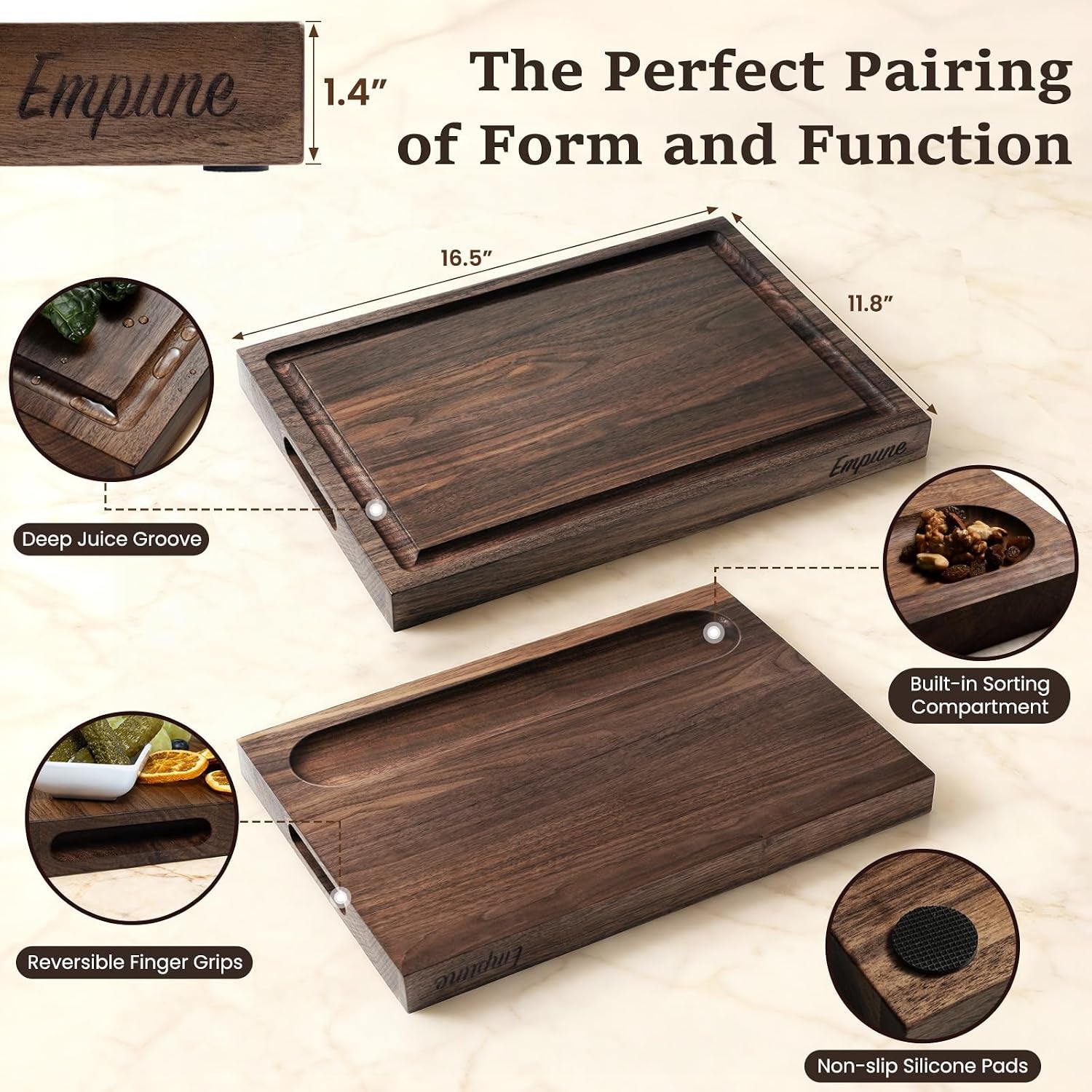 Black Walnut Wood Cutting Boards for Kitchen Wooden Cutting Board with Handle, Chopping Board with Built-In Juice Groove & Well, Heavy-Duty Charcuterie Board Butcher Block, 16.5X11.8X1.4 Inches