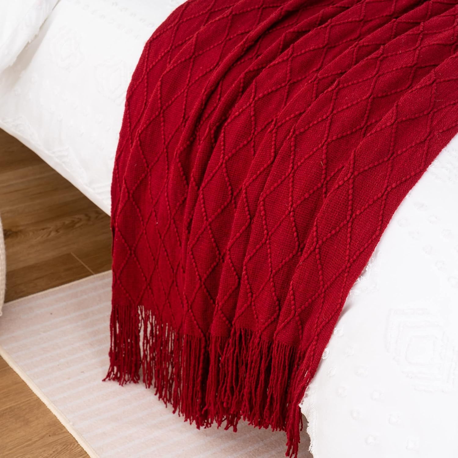 Christmas Decor Red Throw Blanket for Couch, Boho Bed Throws for Foot of Bed, Decorative Red Throws for Sofa Living Room, 50"X60"