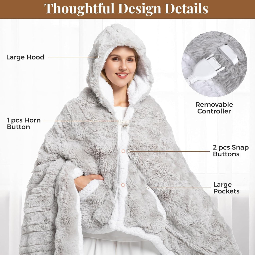 Wearable Heated Blanket Hoodie, Luxury Faux Fur & Sherpa Electric Throw Blanket, Heated Shawl Wraps Poncho with Pockets for Women Men, 3 Heat Levels & 12H Timer, ETL & FCC Certified 40"X70" Light Grey