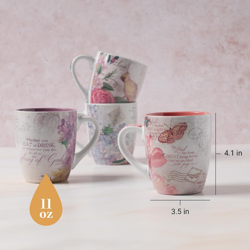 Ceramic Coffee/Tea Mug Set for Women | Vintage Botanic Floral Inspirations Design Bible Verse Mug Set | Boxed Set/4 Coffee Cups