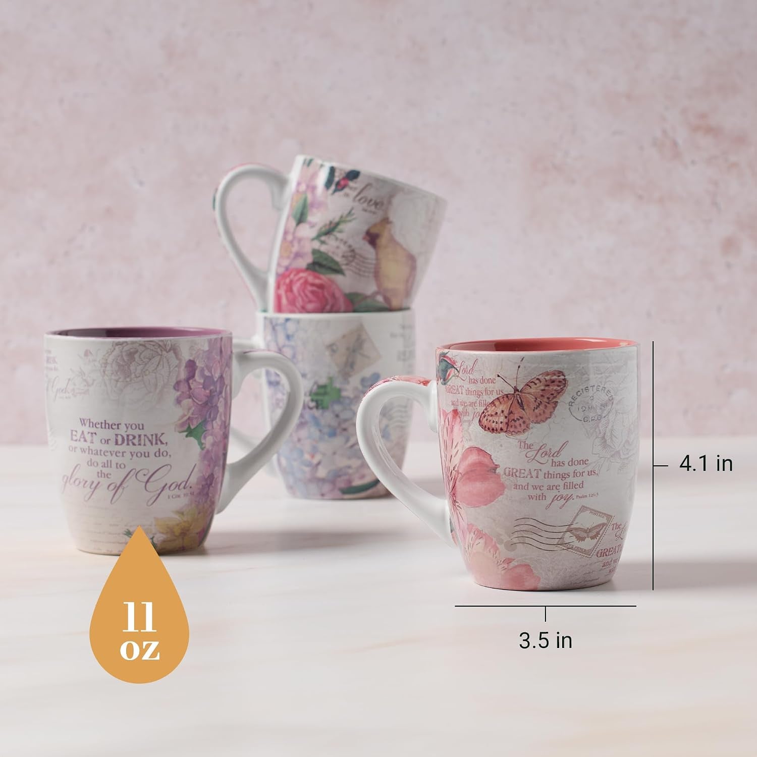 Ceramic Coffee/Tea Mug Set for Women | Vintage Botanic Floral Inspirations Design Bible Verse Mug Set | Boxed Set/4 Coffee Cups