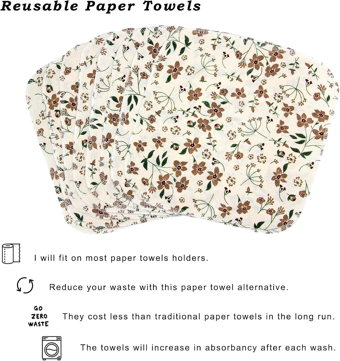 Reusable Paper Towels Cotton Cloths (12Pcs), Absorbent Kitchen Dishcloths (10X10 Inch) Washable Paperless Towels Zero Waste Alternative Napkins for Kitchen Household Cleaning