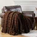 Battilo Chocolate Brown Faux Fur Throw Blanket for Couch, 50"X60" | Luxury Faux Rabbit Fur Blanket with Brown Tip, Soft Cozy Mink Plush Ruched Faux Fur Blanket for Bed, Sofa Living Room