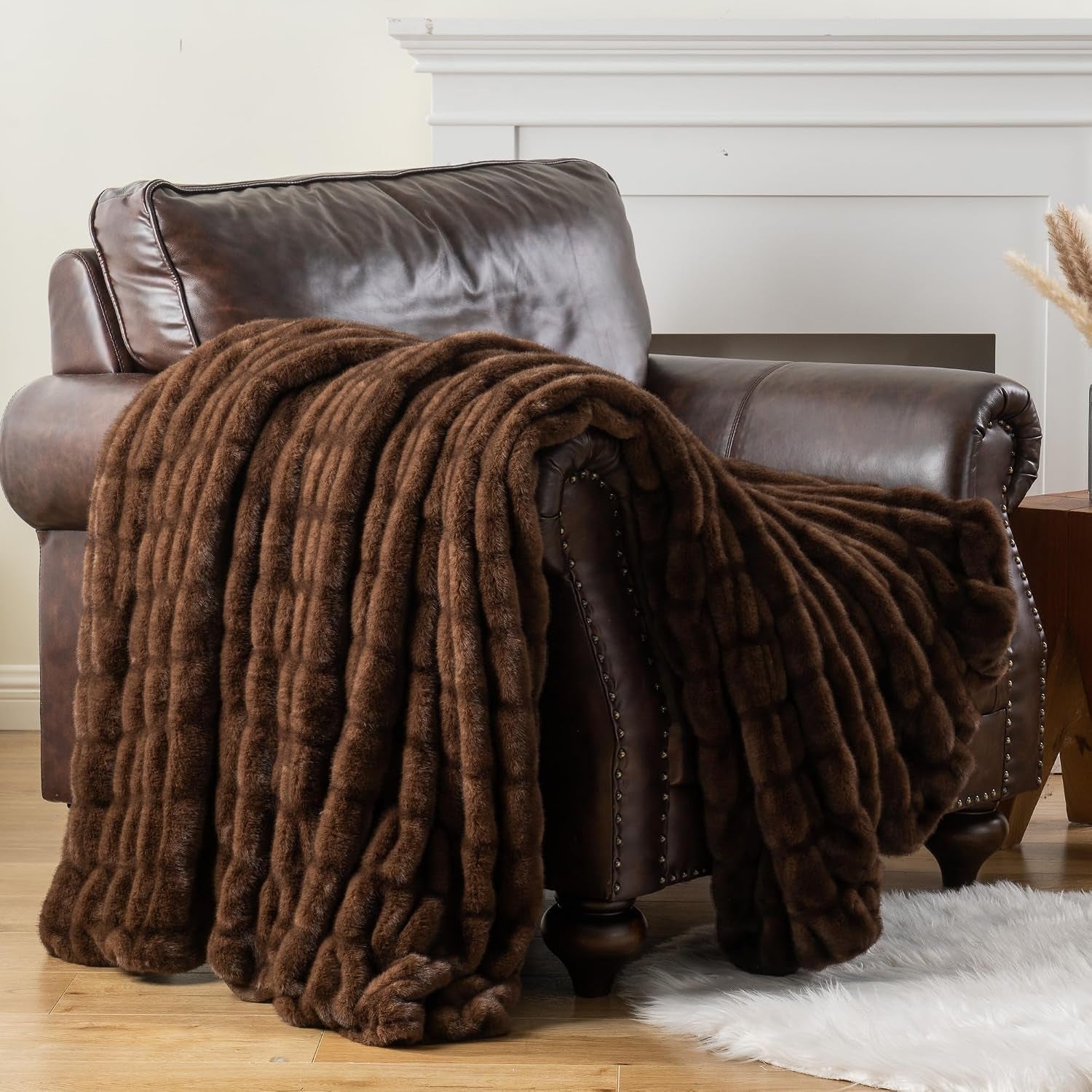 Battilo Chocolate Brown Faux Fur Throw Blanket for Couch, 50"X60" | Luxury Faux Rabbit Fur Blanket with Brown Tip, Soft Cozy Mink Plush Ruched Faux Fur Blanket for Bed, Sofa Living Room