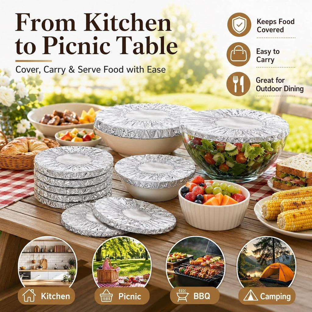50 Pack Reusable Aluminum Foil Food Covers Stretchy Elastic Edge Bowl Plate Tray Lids Heat Retaining Food Grade Cover for Picnic Takeout Leftovers Meal Prep BBQ Sandwich Burrito Outdoor Dining(50Pcs)