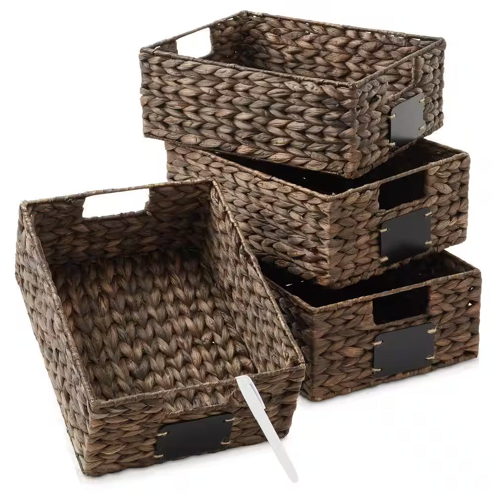 Brown Espresso 10 In. X 13 In. X 5 In. Wicker Water Hyacinth Decorative Baskets Pantry Storage Bins (Set of 4)