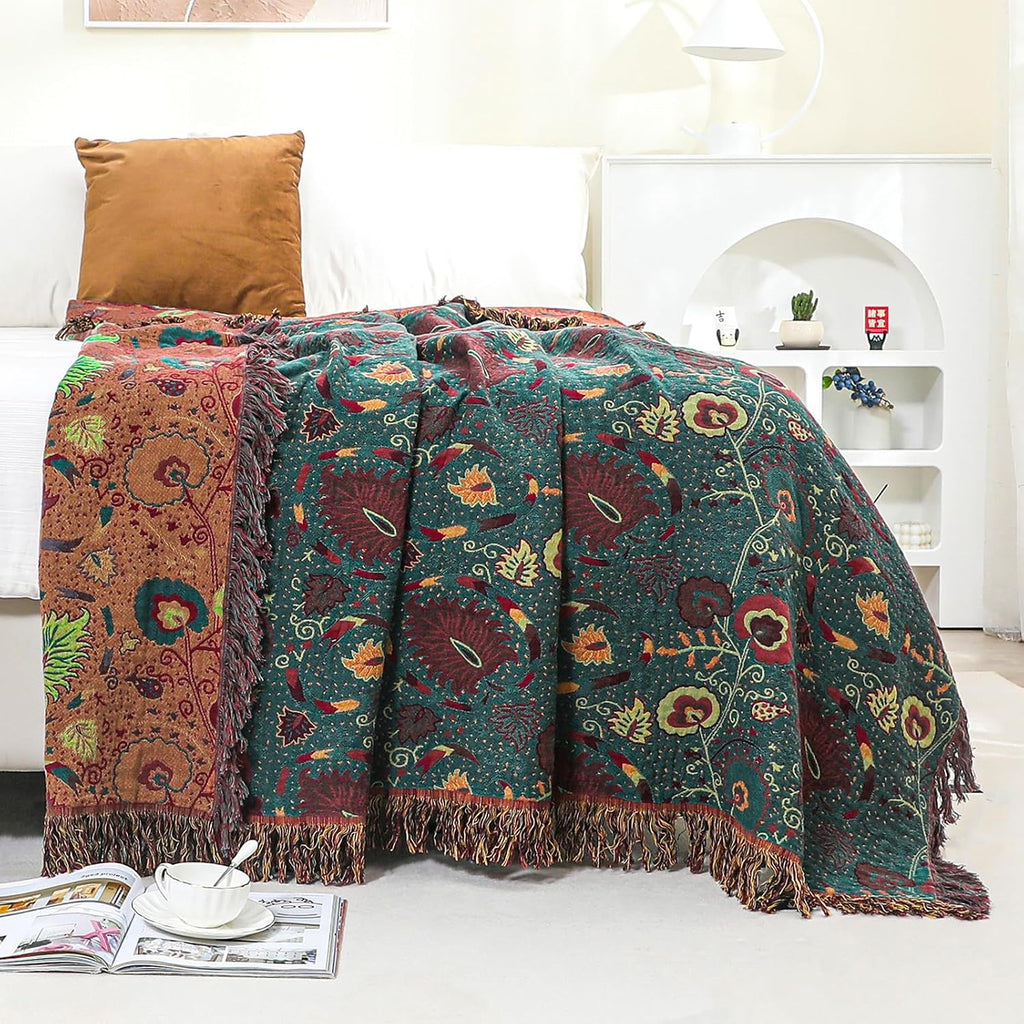 100% Cotton Green Floral Boho Throw Blanket for Bed 90"X98" | 4-Layer Gauze Breathable Muslin Blanket,Soft Lightweight All Season Quilt with Fringe,Multi-Purpose Blanket,Ideal Gift