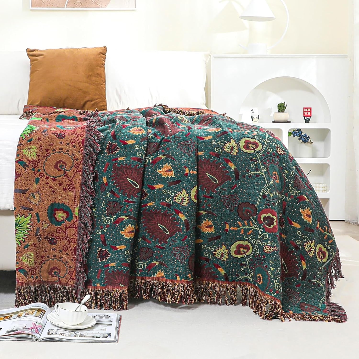 100% Cotton Green Floral Boho Throw Blanket for Bed 90"X98" | 4-Layer Gauze Breathable Muslin Blanket,Soft Lightweight All Season Quilt with Fringe,Multi-Purpose Blanket,Ideal Gift