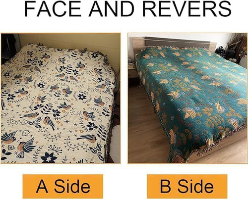 100% Cotton Boho Throw Blanket for Couch 4-Layer Gauze Ultra Soft Breathable Rustic Quilt 50" X 60" Birds and Floral Muslin Summer Blanket for Sofa Chair Bed Home Decor,Teal