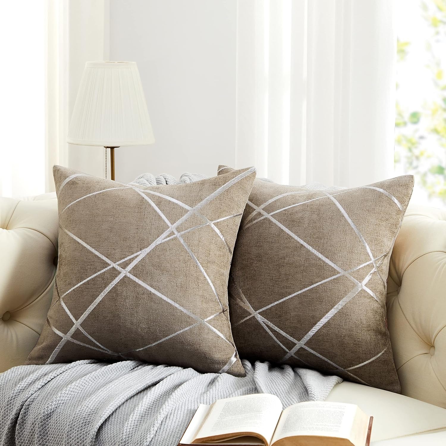 Decorative Couch Pillow Covers 24 X24,Sofa Thick Cushion Pillow Covers,Square Taupe Brown Luxury Pillows 2 Set