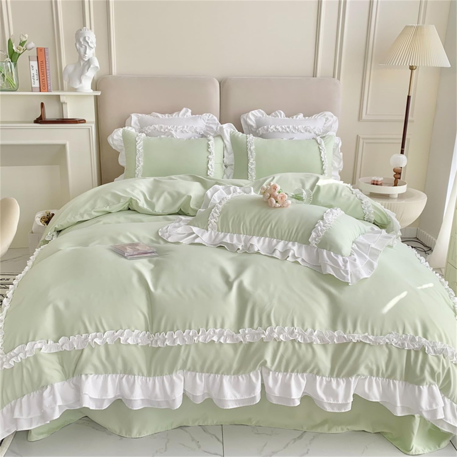 Girls Lace Bedding Full Comforter Cover Set Chic Ruffled Duvet Cover with 2 Layers RufflePrincess Style 1 Duvet Cover with 2 Pillowcases No Comforter-GreenFull