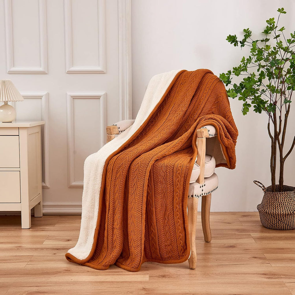 Acrylic Cable Knit Sherpa Throw Blanket - Thick, Soft, Big, Cozy Burnt Orange Knitted Fleece Blankets for Couch, Sofa, Bed - Large 60 X 80 Inches Coverlet All Season