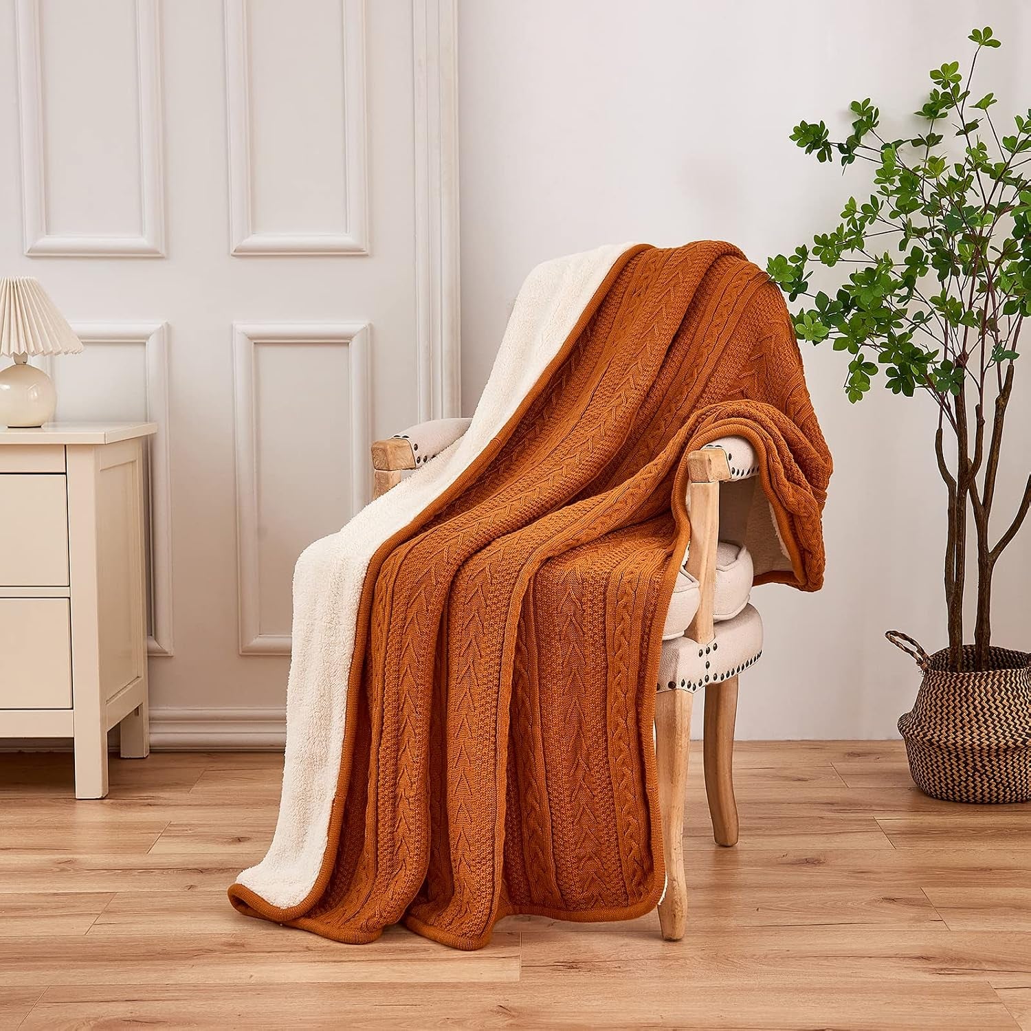 Acrylic Cable Knit Sherpa Throw Blanket - Thick, Soft, Big, Cozy Burnt Orange Knitted Fleece Blankets for Couch, Sofa, Bed - Large 60 X 80 Inches Coverlet All Season