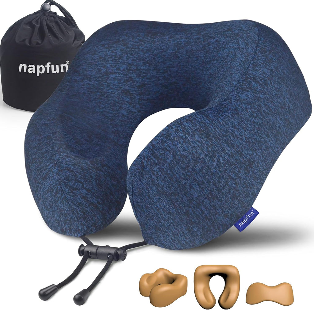 Neck Pillow for Traveling, Upgraded Travel Neck Pillow for Airplane 100% Pure Memory Foam Travel Pillow for Flight Headrest Sleep, Portable Plane Accessories, Blue