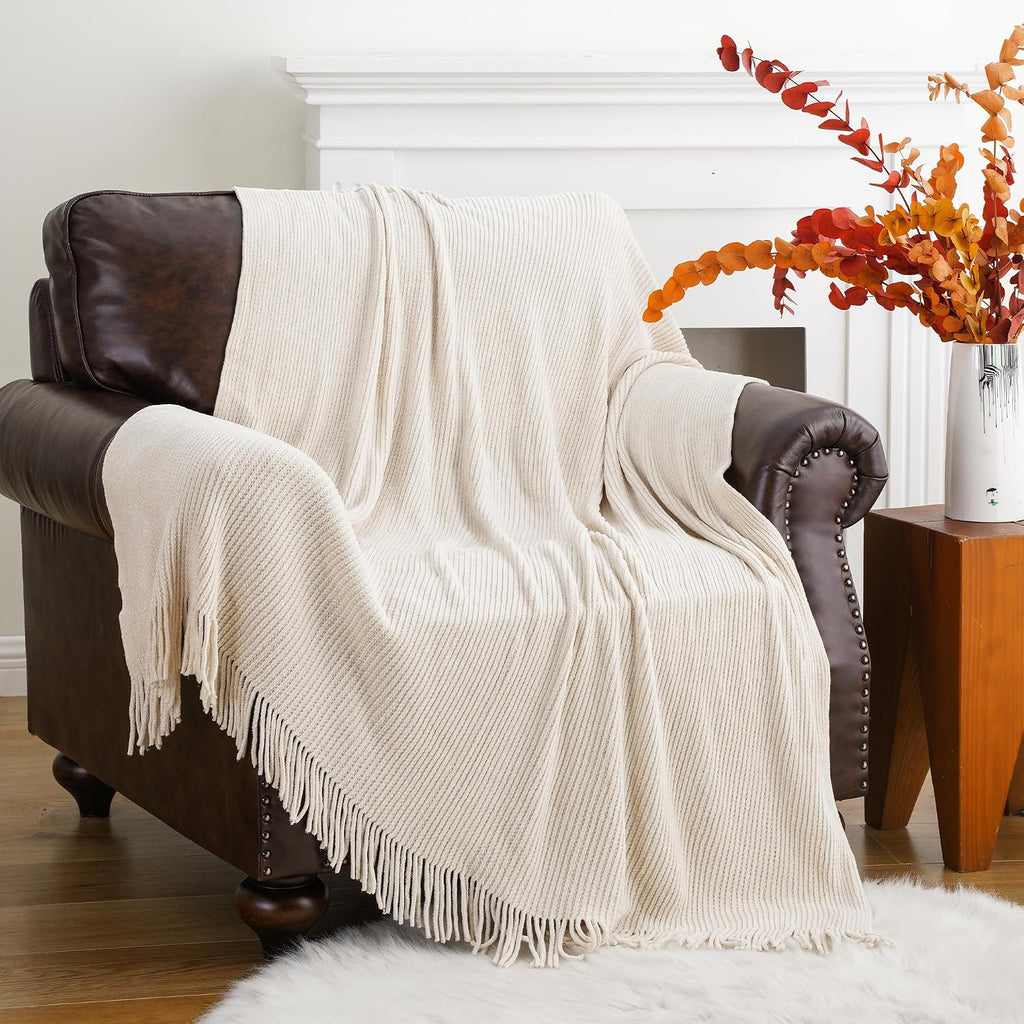 Beige Throw Blanket for Couch, Soft Chenille Knit Throws with Tassels for Home Decor, White Cream Throws for Bed Couch Cover, 60"X80"