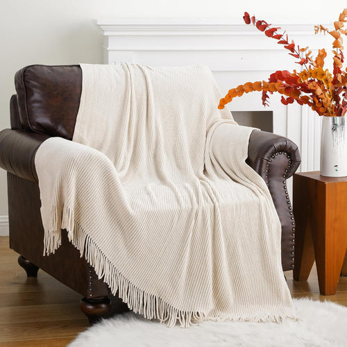Beige Throw Blanket for Couch, Soft Chenille Knit Throws with Tassels for Home Decor, White Cream Throws for Bed Couch Cover, 60"X80"