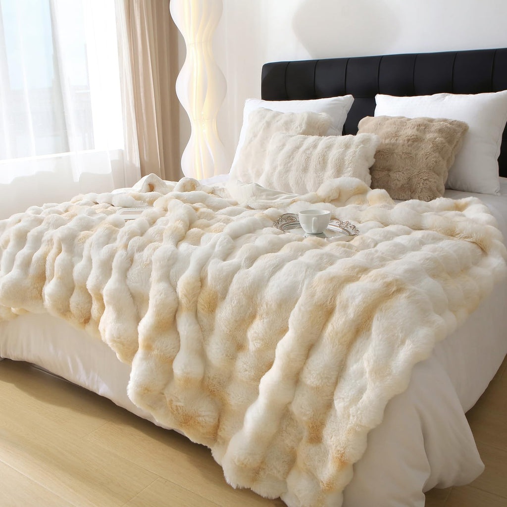 Luxury Thick Plush Tie Dye Faux Rabbit Fur Throw Blanket Ultra-Plush Cozy Soft Decorative Blanket Use for Couch Bed Travel(Tie Dye Beige60"*80")