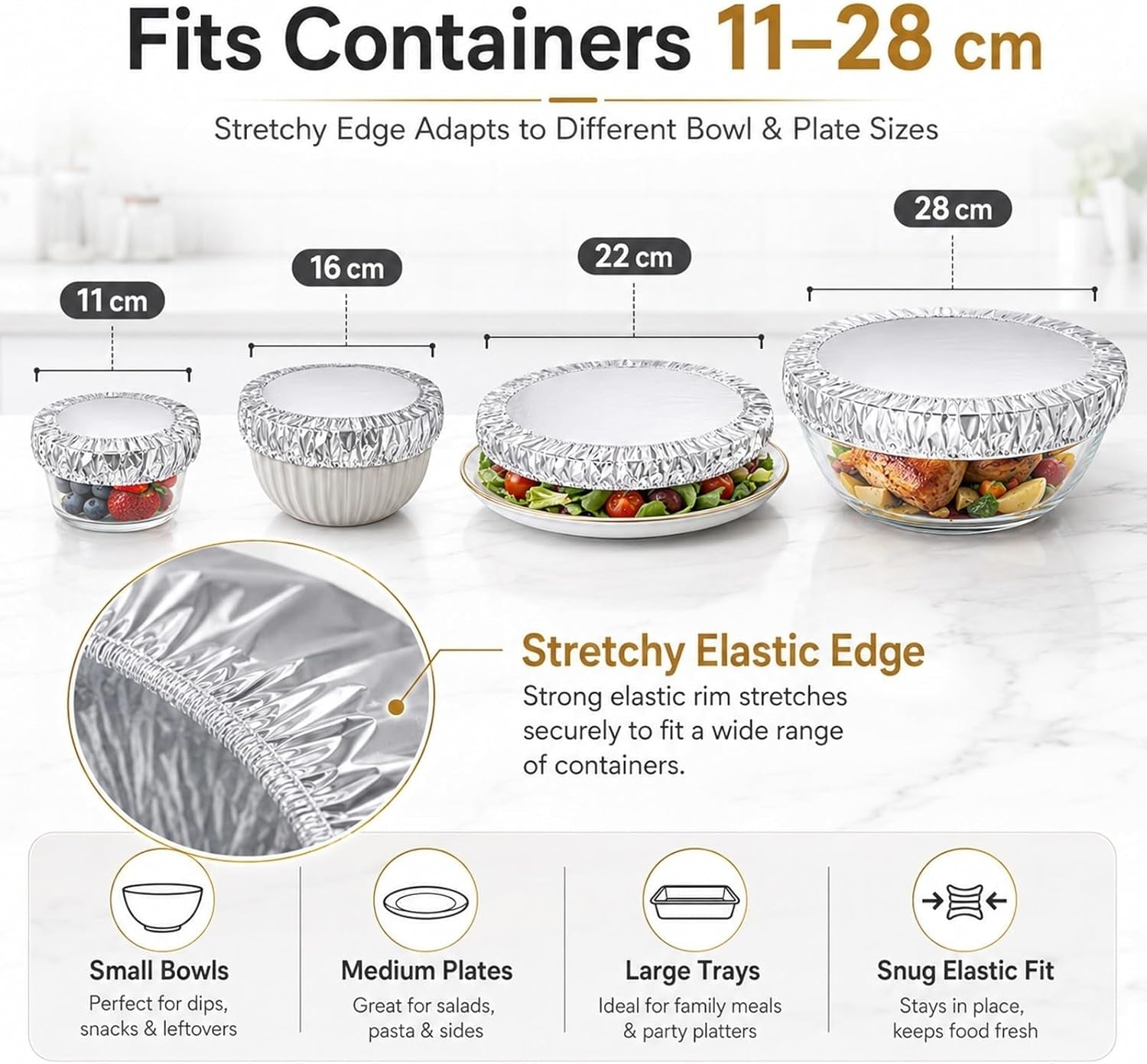 50 Pack Reusable Aluminum Foil Food Covers Stretchy Elastic Edge Bowl Plate Tray Lids Heat Retaining Food Grade Cover for Picnic Takeout Leftovers Meal Prep BBQ Sandwich Burrito Outdoor Dining(50Pcs)