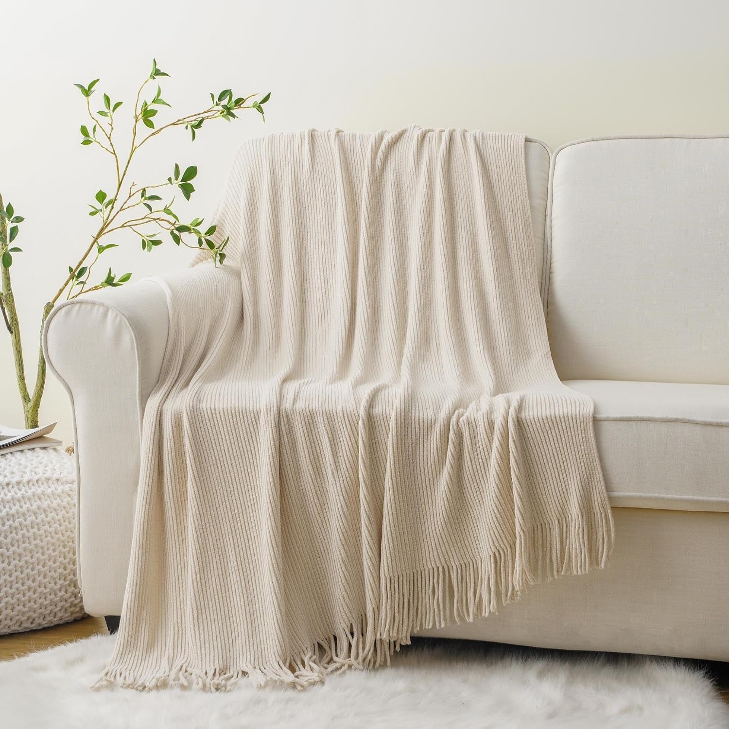 Beige Throw Blanket for Couch, Soft Chenille Knit Throws with Tassels for Home Decor, White Cream Throws for Bed Couch Cover, 60"X80"