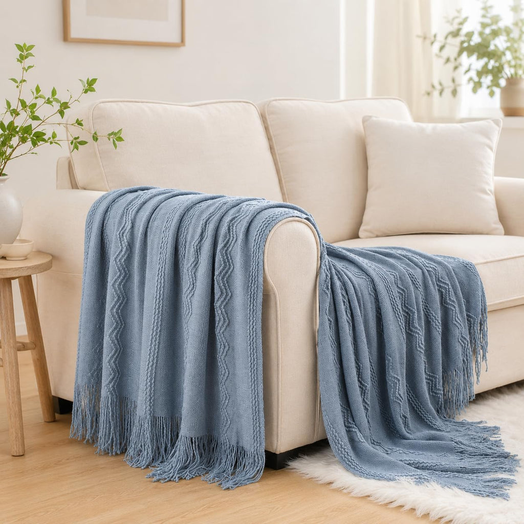 Dusty Blue Throw Blanket for Couch, Soft Knit Throws with Tassels for Home Decor, Blue Blankets and Throws for Bed Sofa, 50"X60"