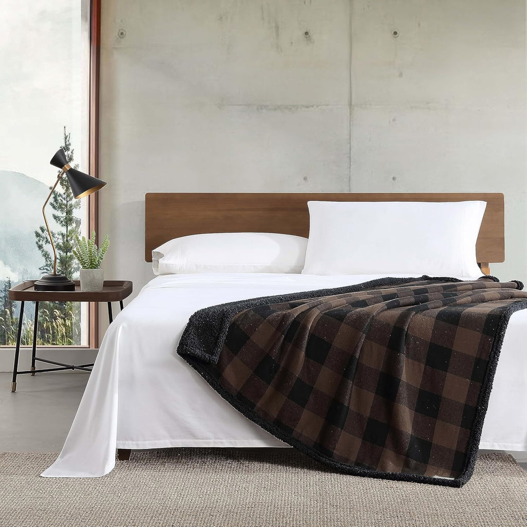 Eddie Bauer - Throw Blanket, Yarn Dyed Cotton Bedding with Solid Ultra-Soft Sherpa Reverse, Throw Blanket for Couch & Bed (Cabin Plaid Brown, 50" X 60")