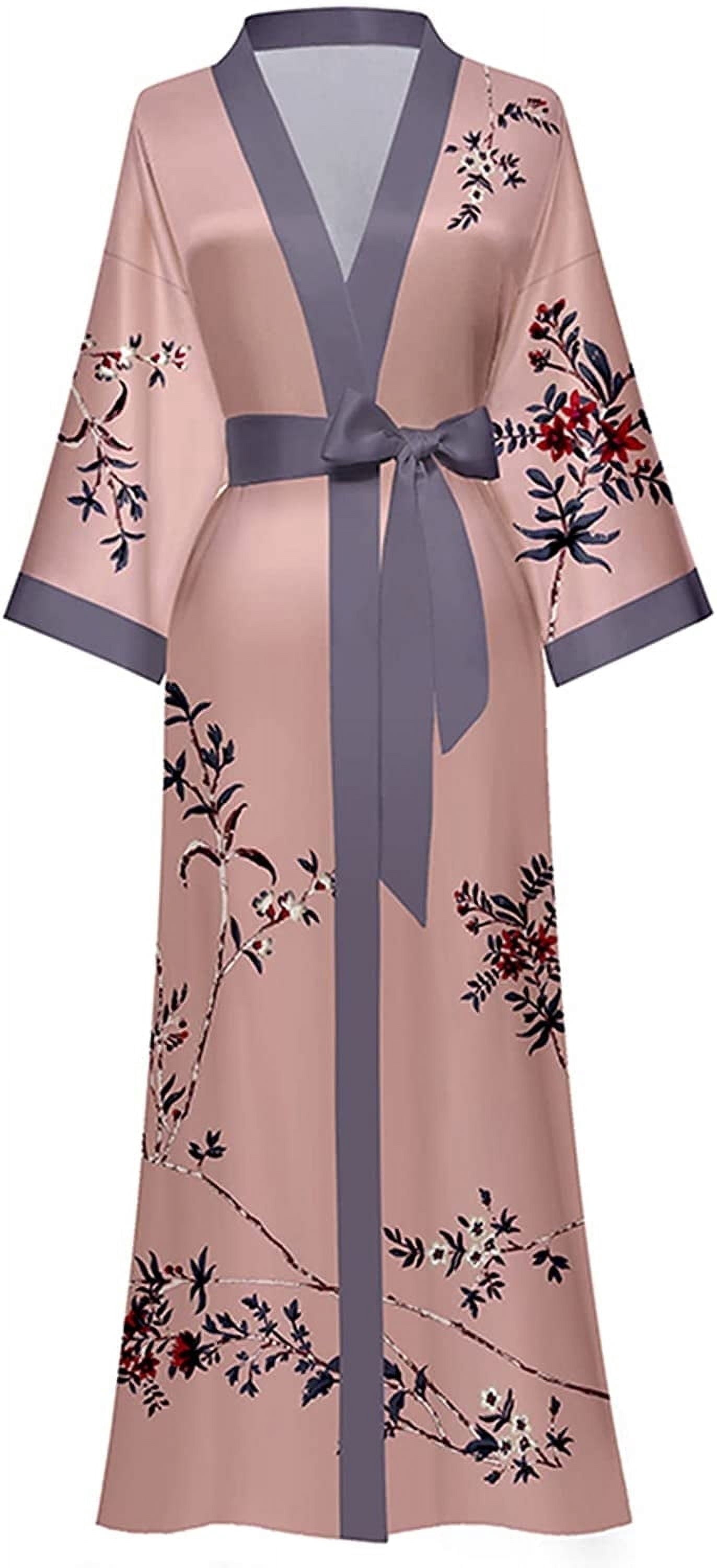 Long Silky Kimono Robes for Women Lightweight Silky Satin Floral Bathrobe Soft Cozy Ladies Housecoat Loungewear