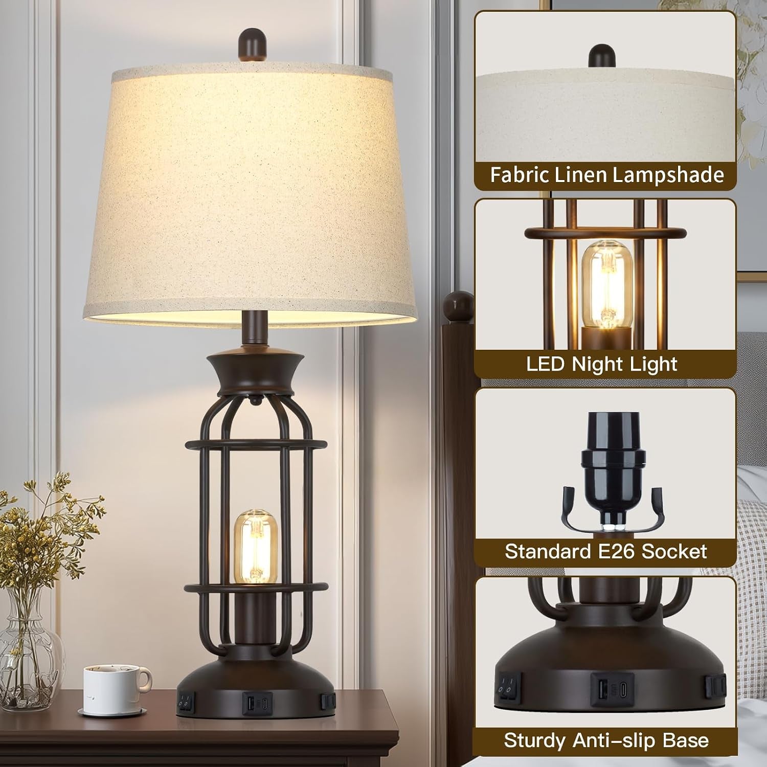 28" Tall Farmhouse Table Lamps Set of 2, Vintage Industrial Table Lamp with USB C+A Ports & Outlet, Modern Rustic Bedside Lamp for Nightstand Living Room Bedroom Side Table Office Brown, 4 LED Bulbs