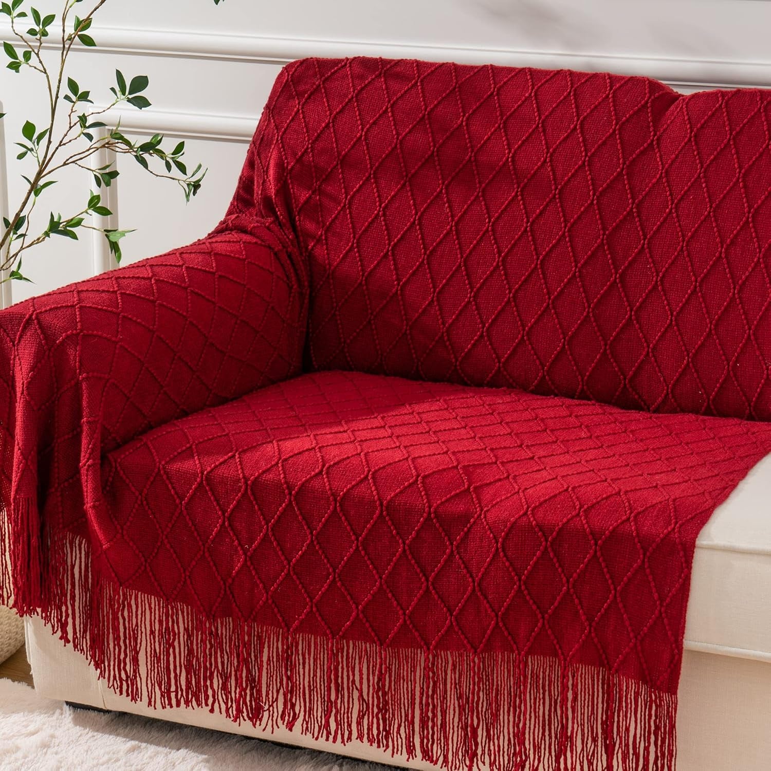 Christmas Decor Red Throw Blanket for Couch, Boho Bed Throws for Foot of Bed, Decorative Red Throws for Sofa Living Room, 50"X60"