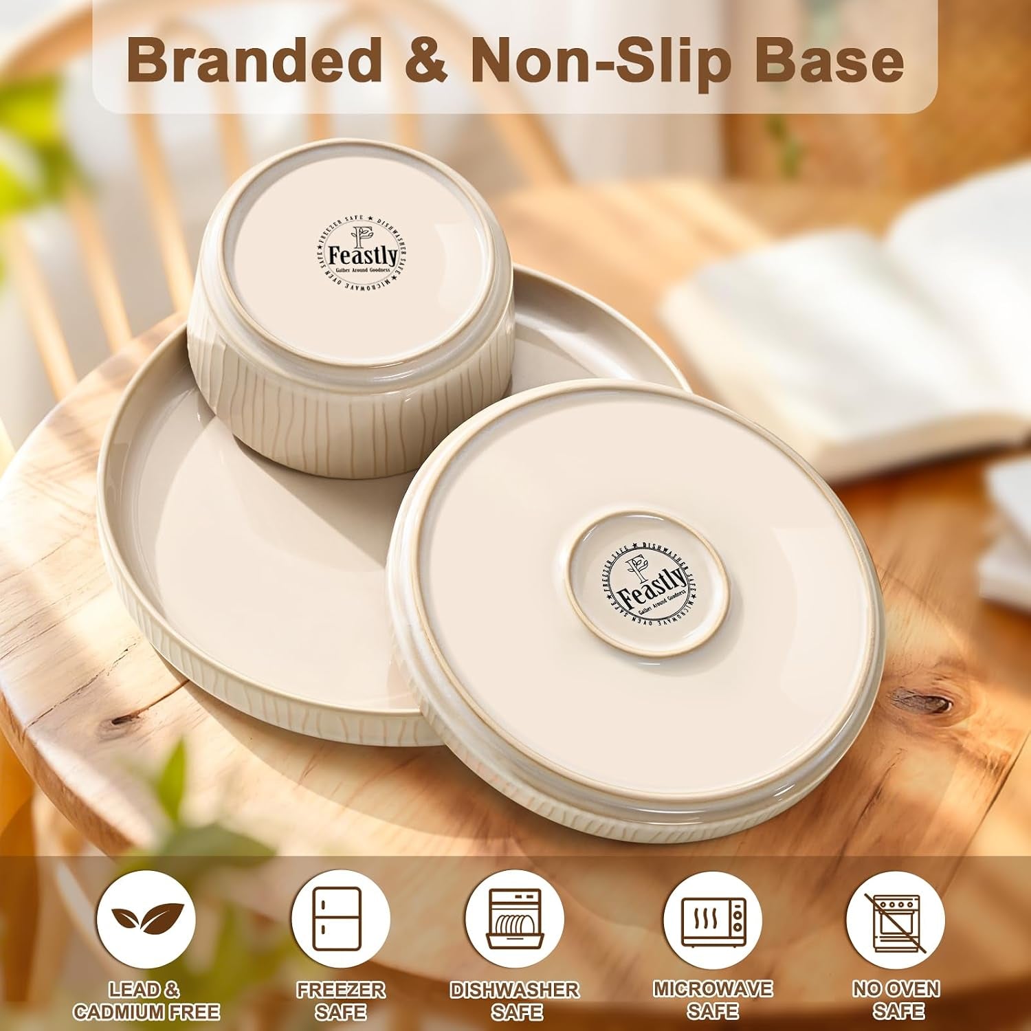 Stoneware Dinnerware Sets for 4, 12 Pcs Ribbed Reactive Glaze Ceramic Plates and Bowls Sets, Chip Resistant, Microwave Dishwasher Safe Dish Set, Housewarming Gifts, Cappuccino White