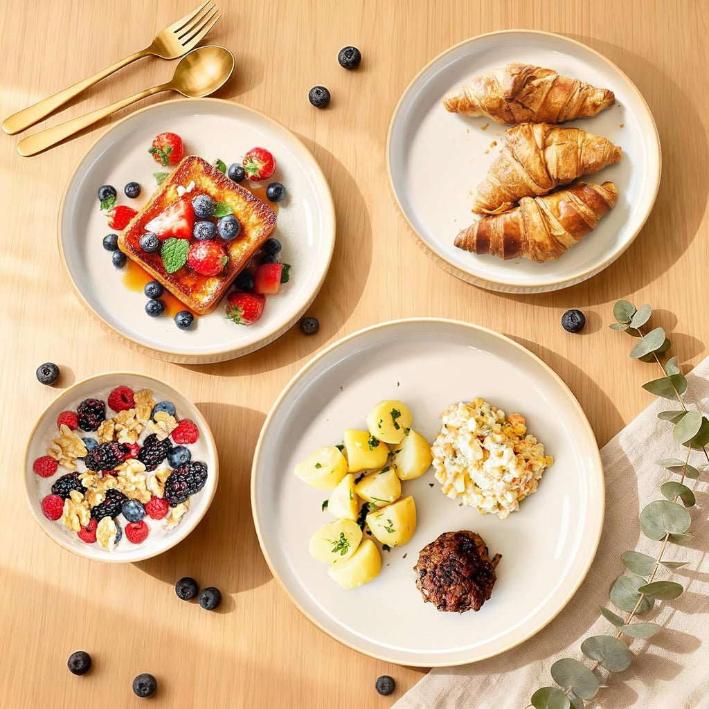 Stoneware Dinnerware Sets for 4, 12 Pcs Ribbed Reactive Glaze Ceramic Plates and Bowls Sets, Chip Resistant, Microwave Dishwasher Safe Dish Set, Housewarming Gifts, Cappuccino White