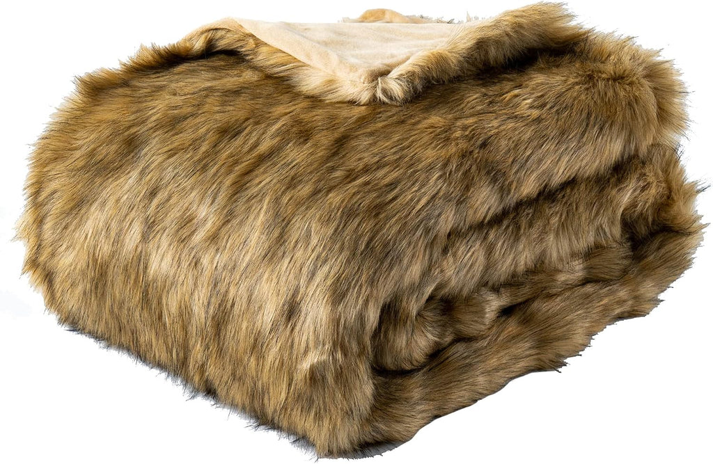 BATTILO Golden Faux Fur Throw Blanket for Couch, 50"X60", Thick Warm | Luxury Soft Cozy Plush Elegant Furry Fluffy Faux Fur Blanket for Bed, Sofa, Living Room, Long Pile with Black Tips