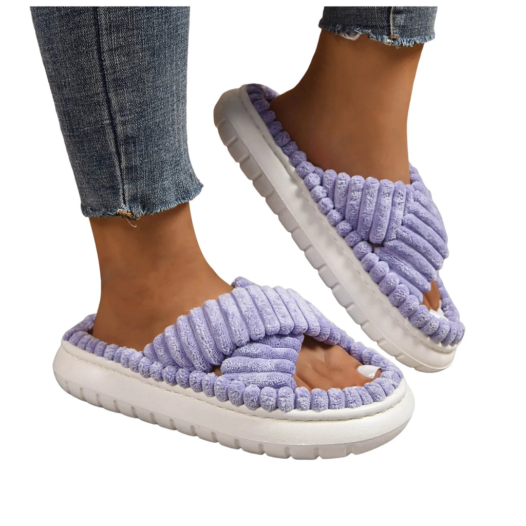 Slippers for Women Corduroy Cross Band Strap Open Toe Comfy Anti-Skid Bedroom House Slide Shoes